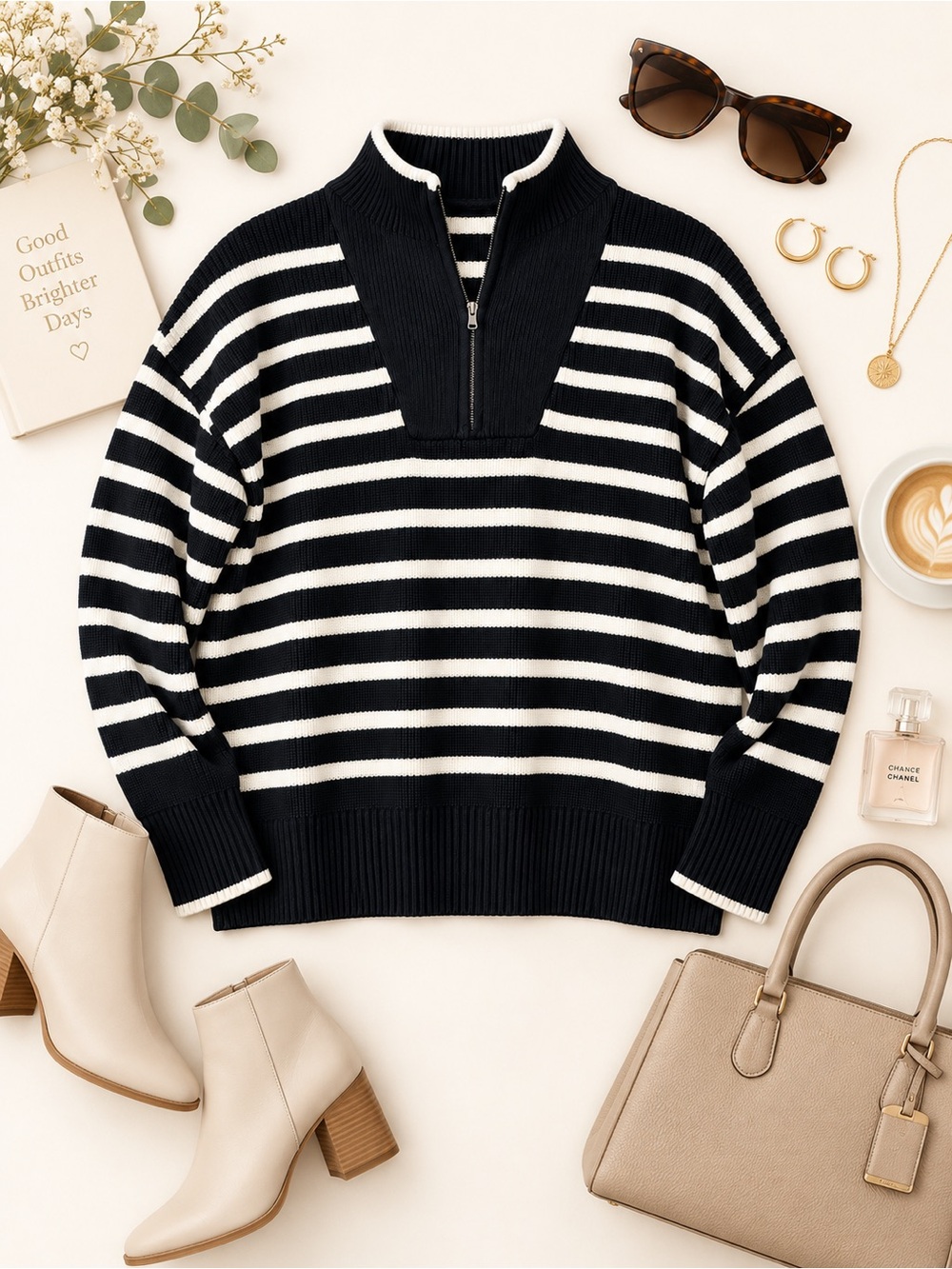 Lands’ End Drifter Black White Striped Quarter Zip Sweater Size L 14-16 Cotton